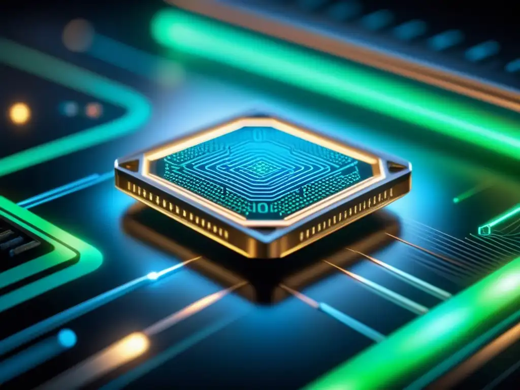 Chip biosensor de alta tecnología con luces futuristas en negro Chip de biosensor de alta tecnología, con patrones de circuitos complejos y luces futuristas en azul y verde sobre fondo negro