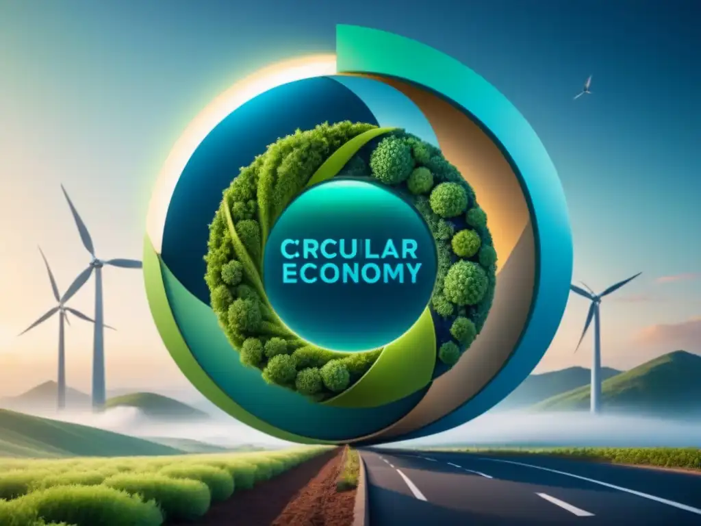 Un ciclo perfecto: materiales reciclables se transforman en energía renovable como paneles solares y turbinas eólicas, en una ilustración minimalista