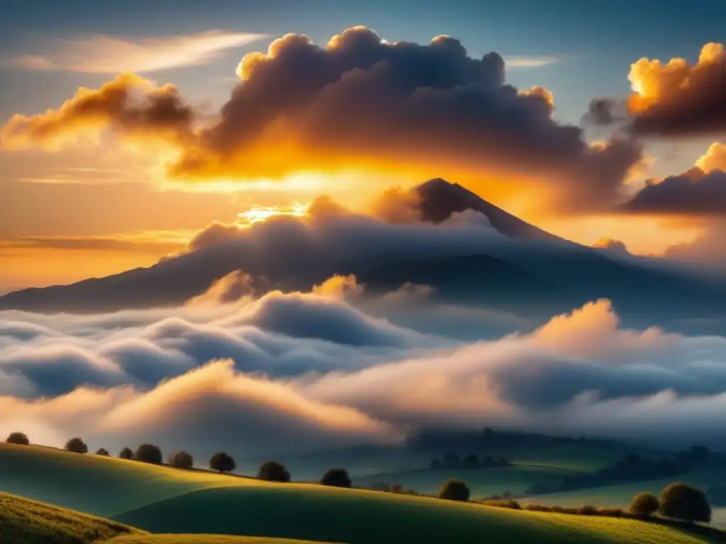 Un cielo lleno de nubes al atardecer, con un cálido resplandor dorado del sol, creando una atmósfera pacífica y contemplativa