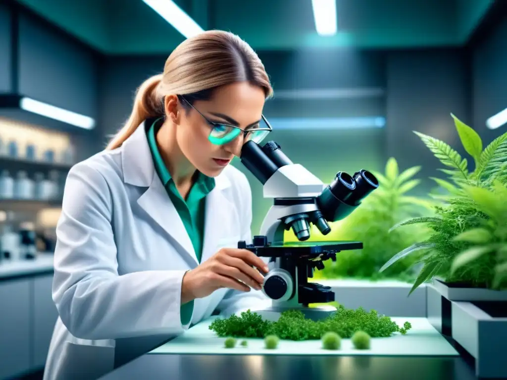 Un científico extrae compuestos de plantas verdes en un laboratorio moderno, transmitiendo innovación con medicamentos derivados de plantas