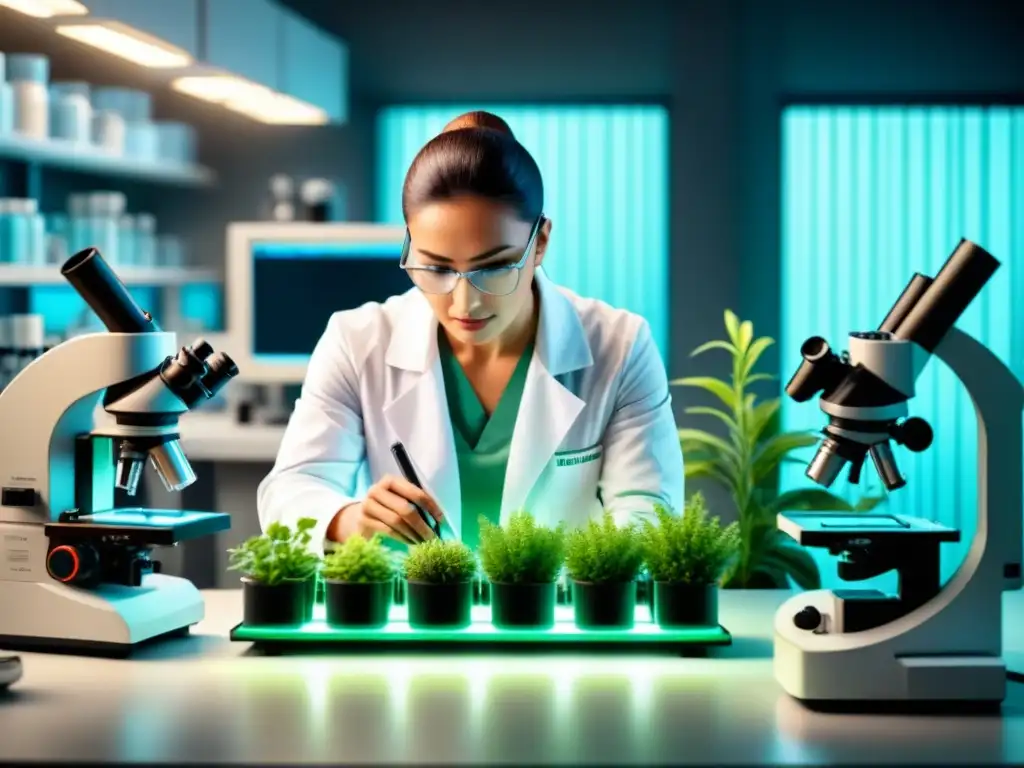 Un científico en un laboratorio moderno extrae compuestos de una planta verde bajo microscopio, con equipo científico alrededor