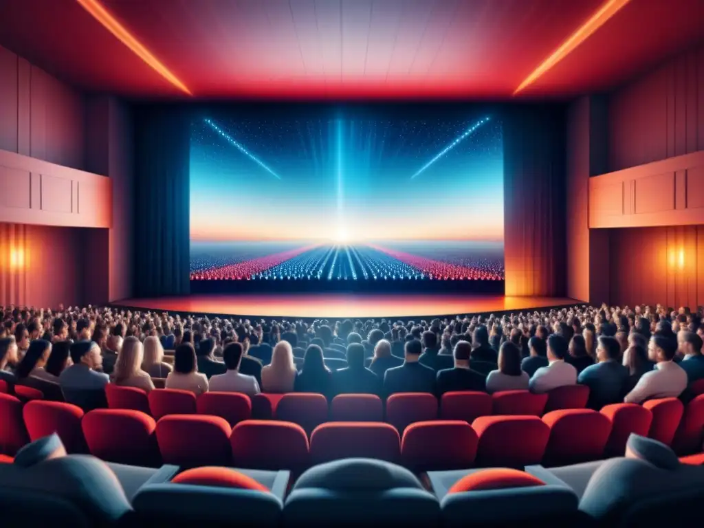 Un cine futurista con público pixelado, datos fluyendo hacia pantalla gigante: Big Data en entretenimiento digital