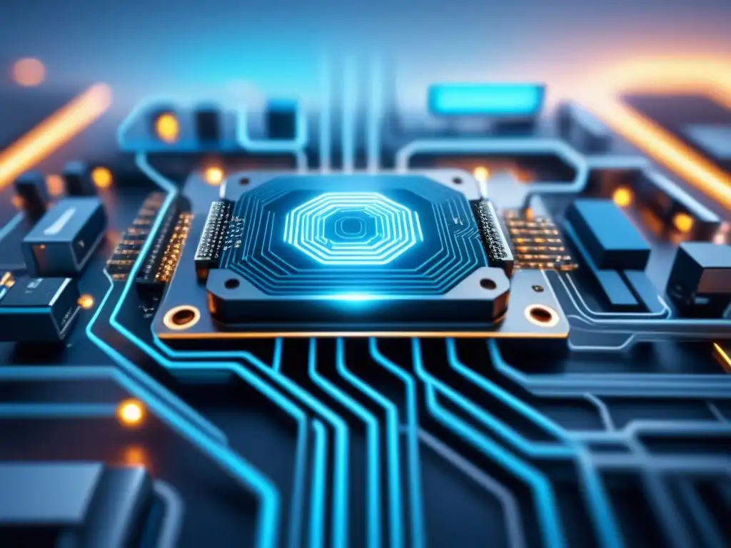 Integración de Inteligencia Artificial en Gestión del Cambio Tecnológico Un circuito brillante se entrelaza con redes neuronales, representando la integración de la inteligencia artificial en gestión tecnológica