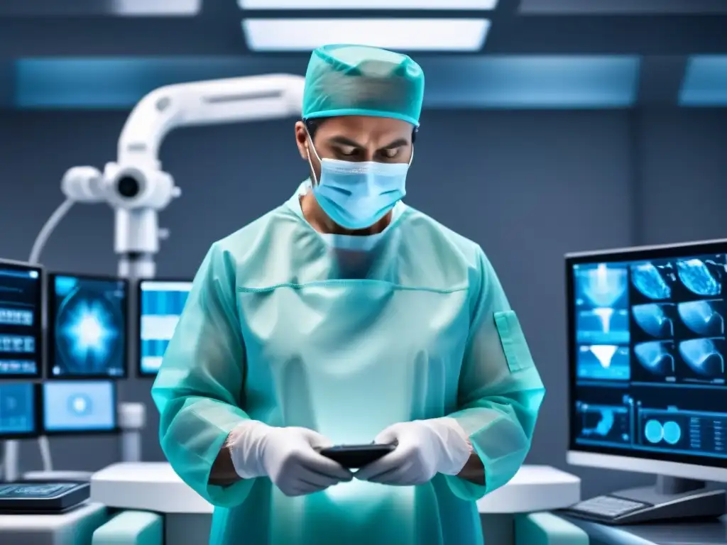 Un cirujano con traje estéril y expresión concentrada, realiza cirugía mínimamente invasiva con brazos robóticos