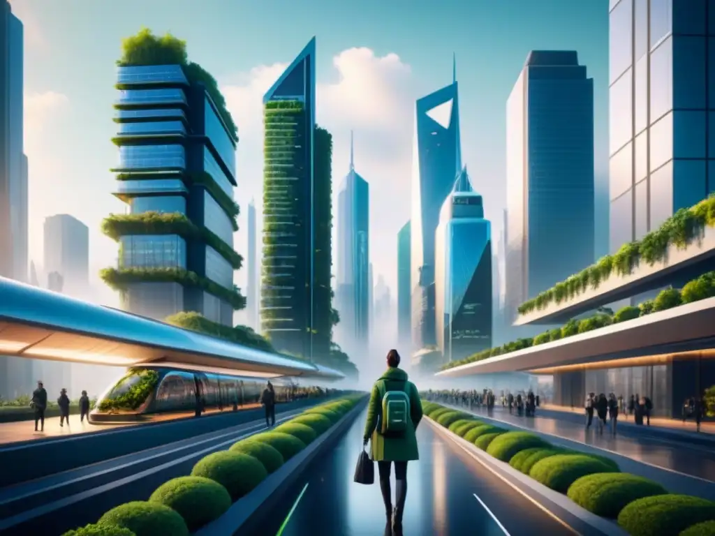 Una ciudad futurista donde la supercomputación en arquitectura urbana se fusiona con la naturaleza y la tecnología