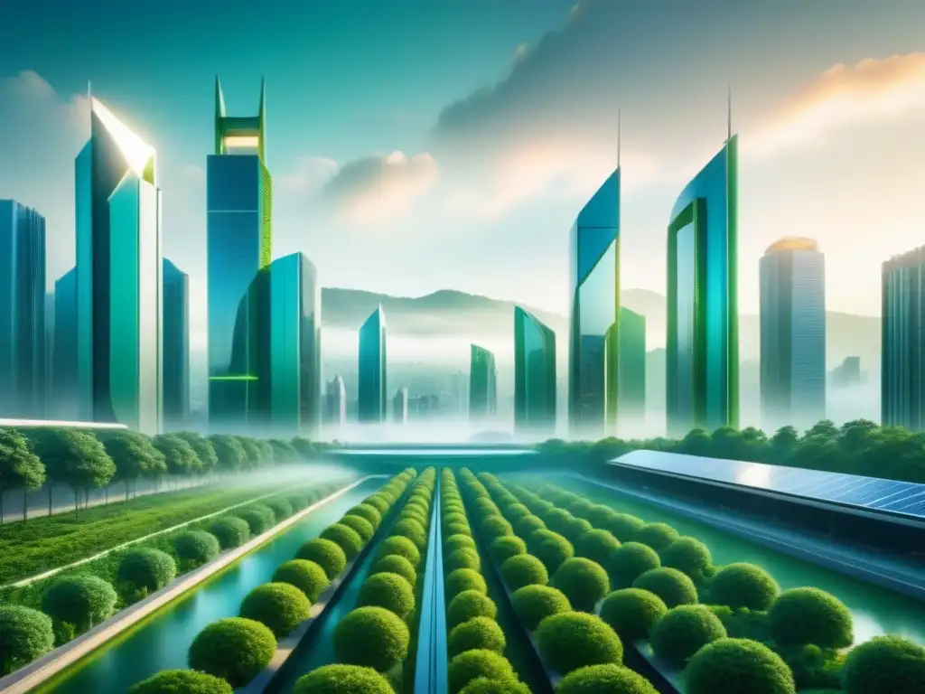 Una ciudad futurista con arquitectura verde y fuentes de energía renovable integradas