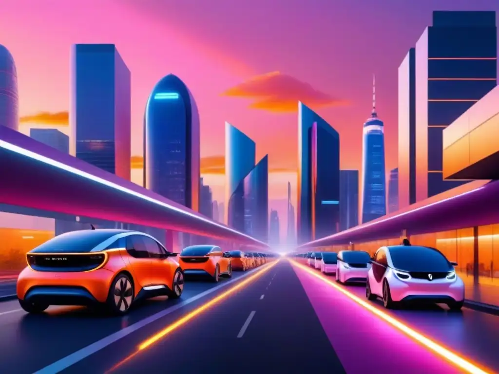 Una ciudad futurista al atardecer con vehículos eléctricos integrados, reflejando la gestión energética en ciudades inteligentes