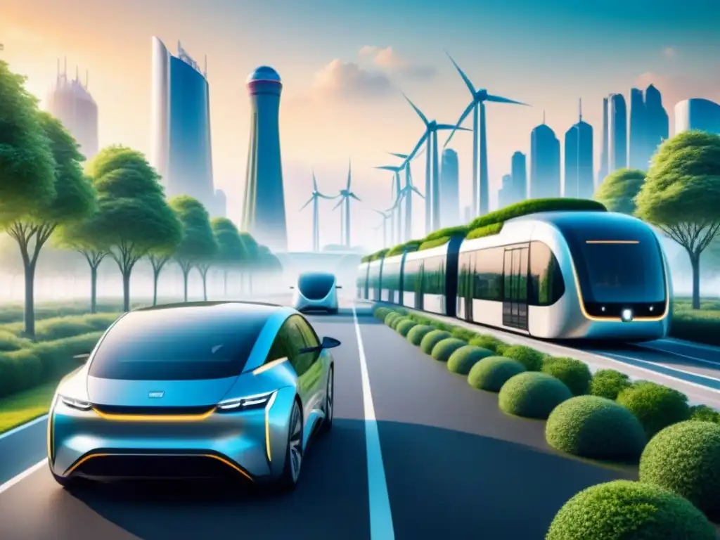 Una ciudad futurista integrando biocombustibles para transporte terrestre con vehículos eléctricos, rodeada de naturaleza y energía renovable