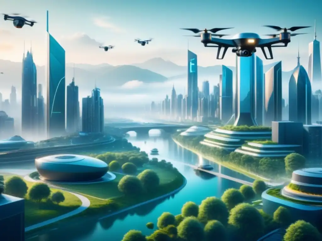 Una ciudad futurista con drones AI evaluando riesgos ambientales