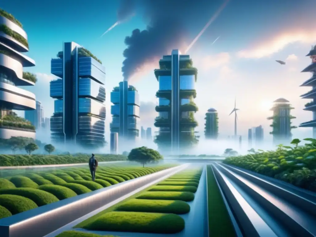 Metrópolis futurista: tecnología verde en armonía Una ciudad futurista con IA y sostenibilidad, donde la naturaleza se fusiona con la tecnología