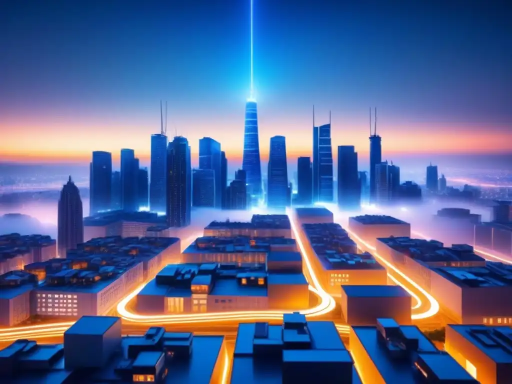 Una ciudad futurista iluminada por cables superconductores, simbolizando innovación y eficiencia energética