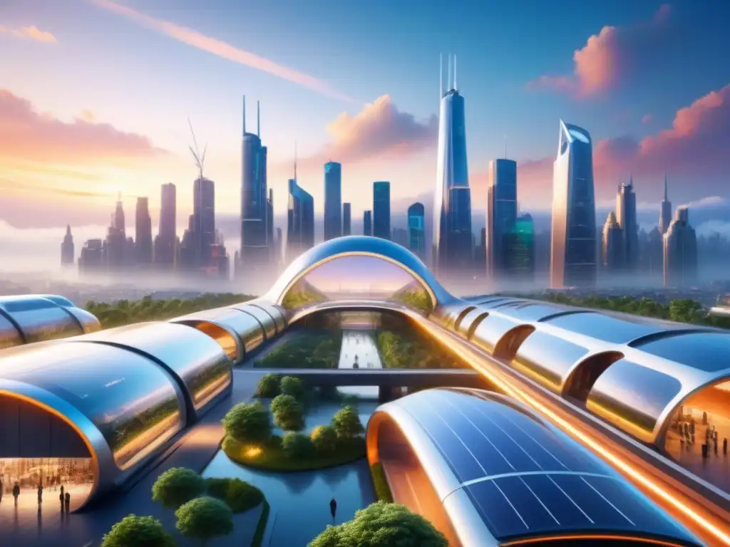 Una ciudad futurista con infraestructura inteligente y transporte innovador integrado en un entorno urbano, bajo la luz de un vibrante atardecer