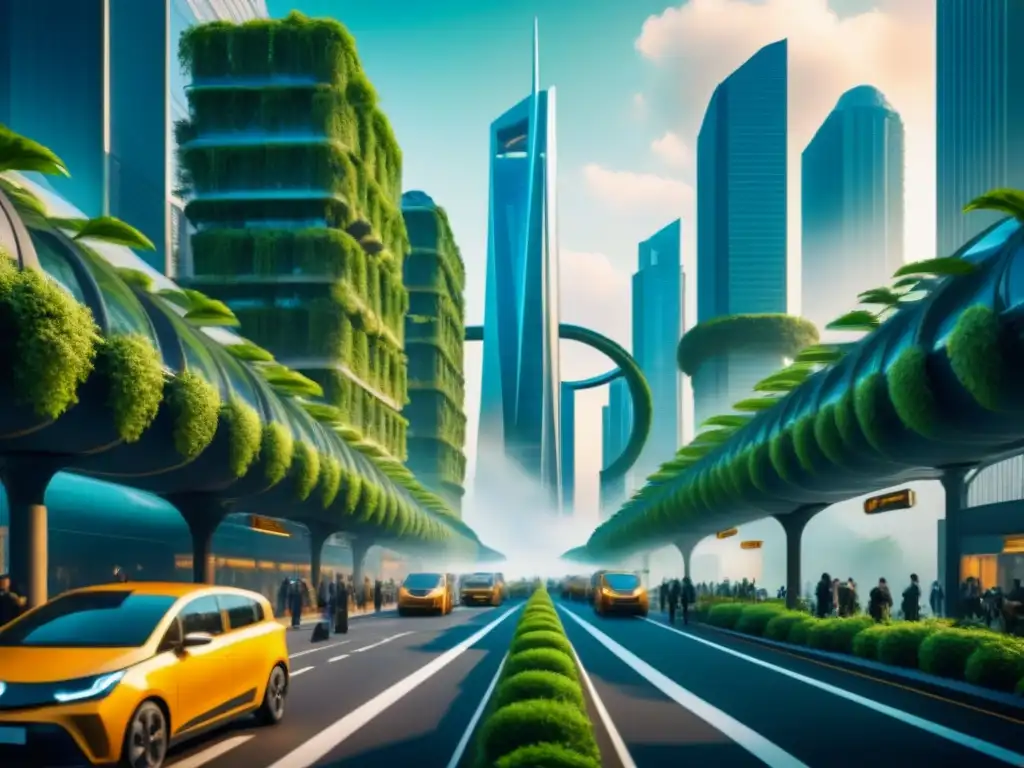 Una ciudad futurista integrada con plantas, calles verdes y transporte ecoamigable