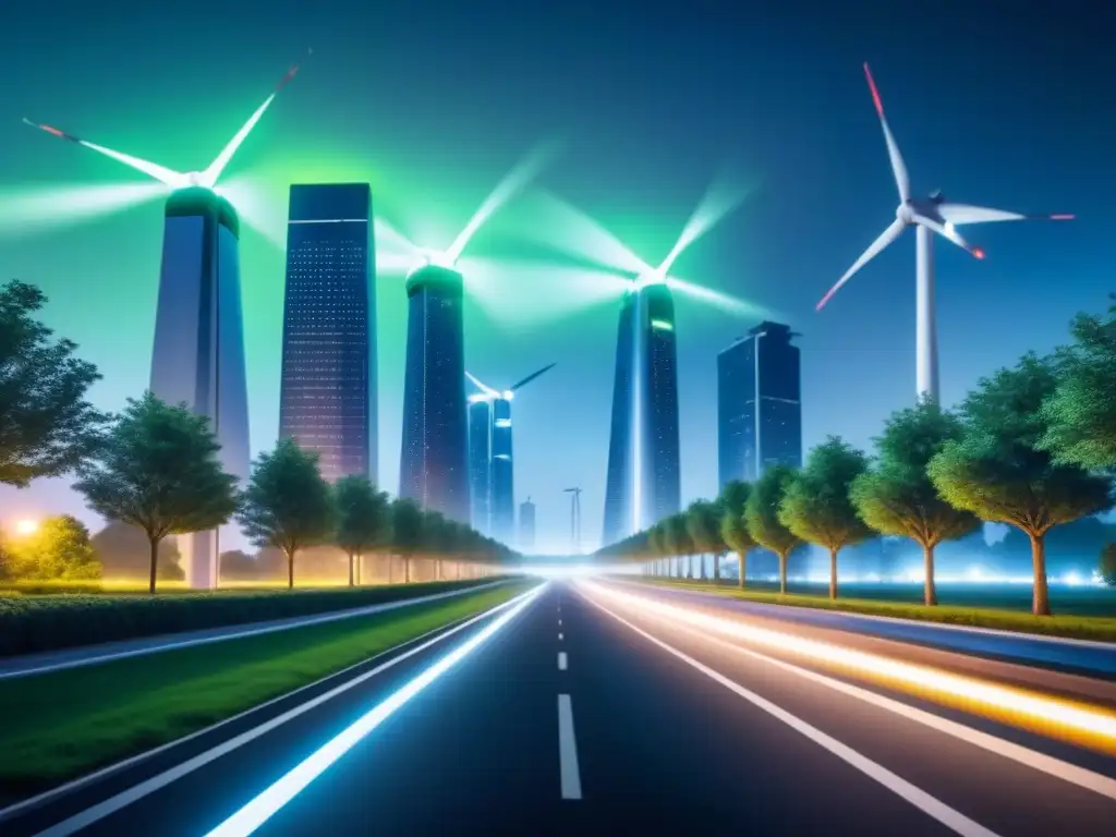 Una ciudad futurista y minimalista de noche con gestión energética en acción: vehículos eléctricos, paneles solares y luces LED