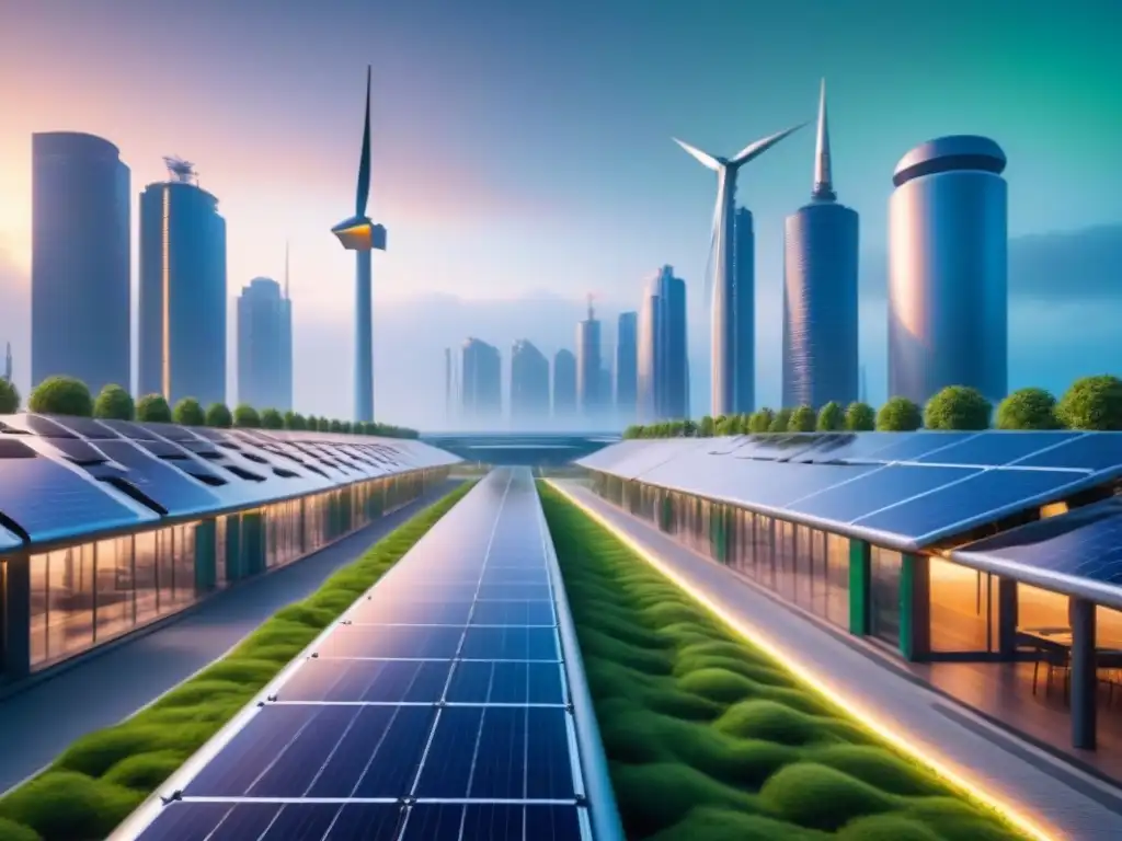 Horizonte futurista y verde: ciudad sostenible al atardecer Una ciudad futurista y minimalista al anochecer, con tecnología verde integrada en el paisaje urbano