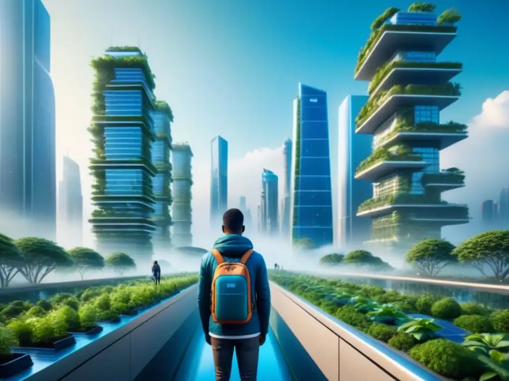 Una ciudad futurista donde la naturaleza y la arquitectura se fusionan, simbolizando la transformación hacia sostenibilidad en empresas