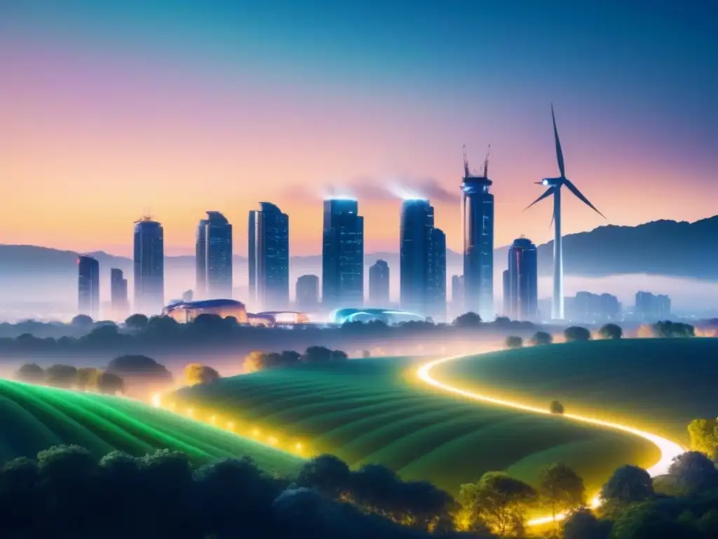 Una ciudad futurista de noche con edificios energéticamente eficientes iluminados y rodeada de naturaleza