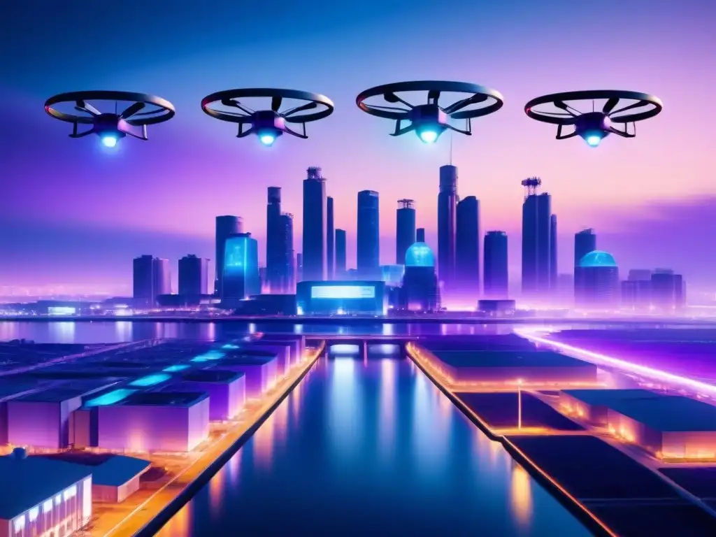 Una ciudad futurista de noche iluminada por drones vigilancia infraestructuras críticas en azules, morados y verdes