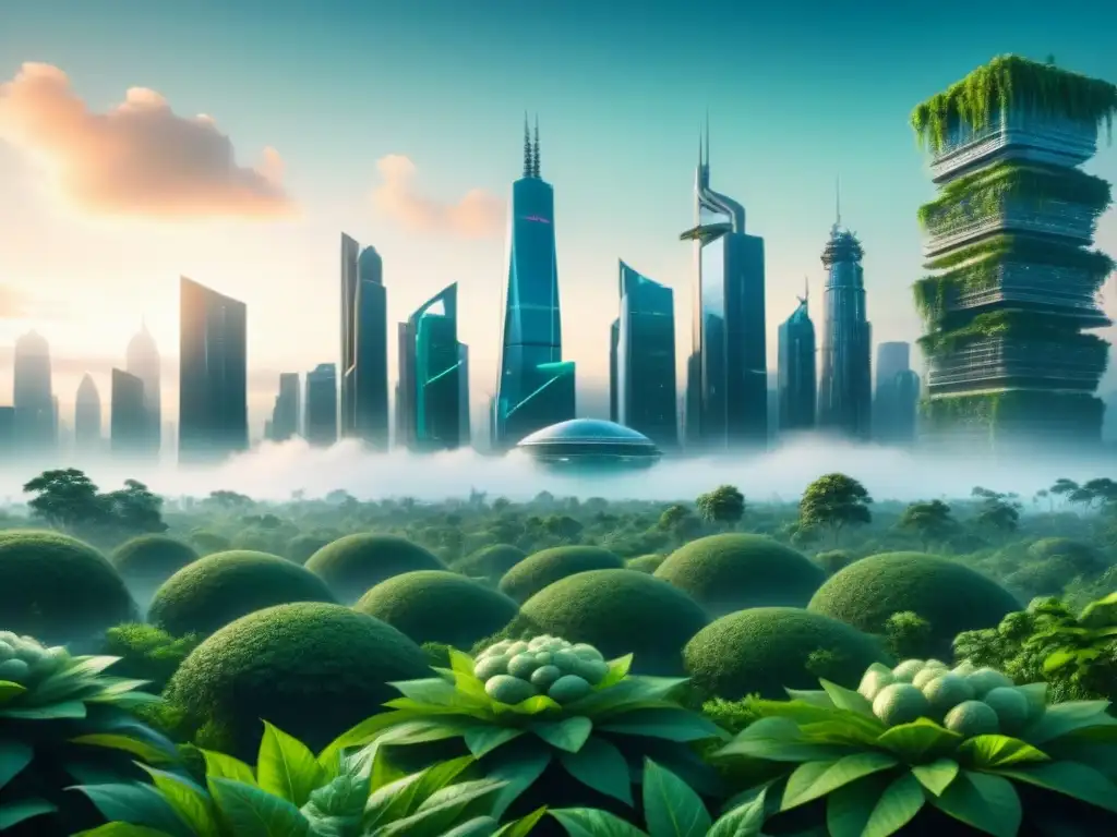 Una ciudad futurista integrando organismos sintéticos para capturar carbono en armonía con la naturaleza