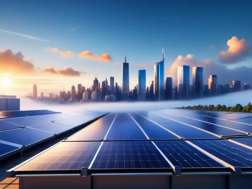 Una ciudad futurista con paneles solares integrados, reflejando el almacenamiento energía renovable innovador en un entorno urbano moderno