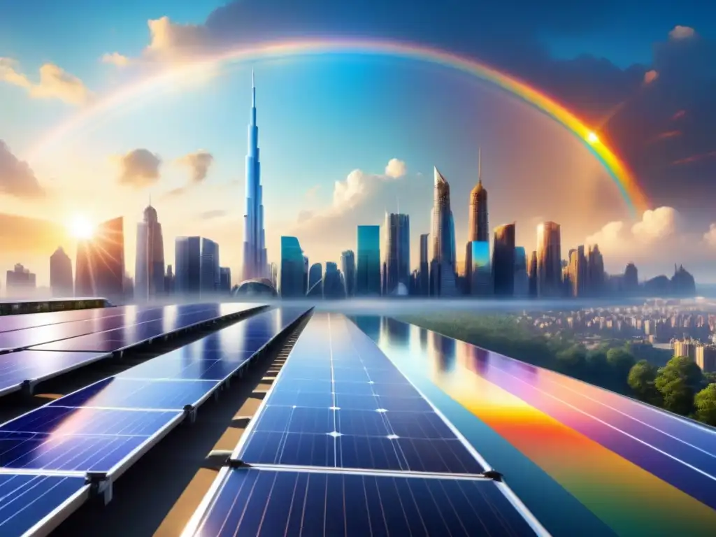 Una ciudad futurista con paneles solares innovadores que reflejan un arcoíris de colores