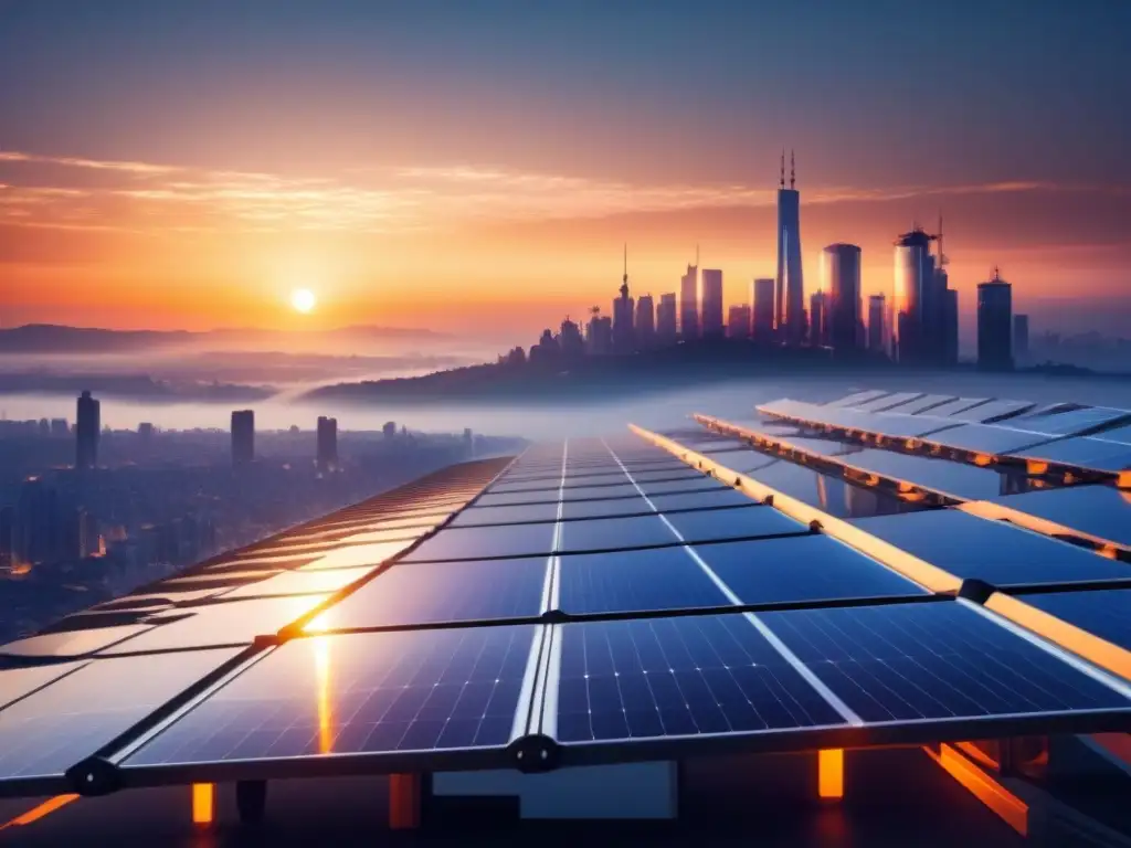 Una ciudad futurista con paneles solares integrados, iluminados al atardecer