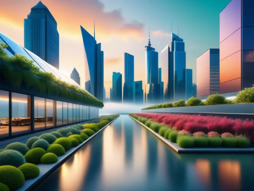 Una ciudad futurista con rascacielos innovadores reflejando el atardecer, destacando la gestión agua ciudades inteligentes