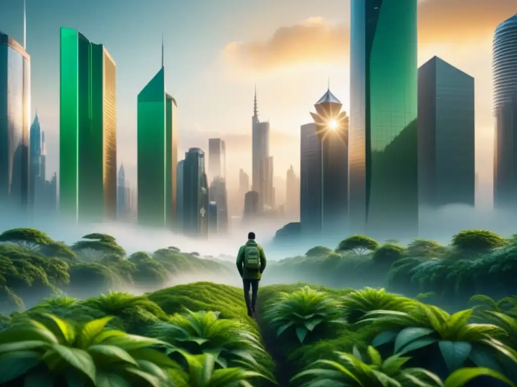 Metrópolis futurista: innovación y naturaleza en armonía Una ciudad futurista con rascacielos metálicos y vegetación, iluminada por un cálido atardecer