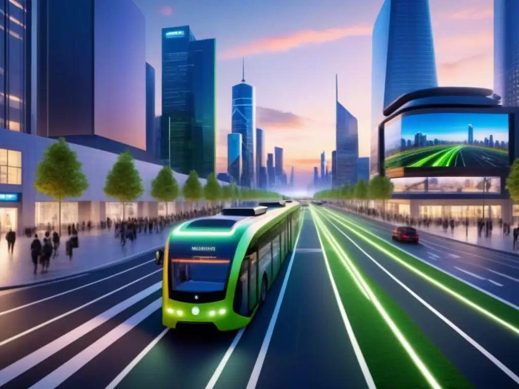 Una ciudad futurista con sistemas de transporte inteligentes iluminados, como autobuses eléctricos, vehículos autónomos, ciclistas y peatones seguros