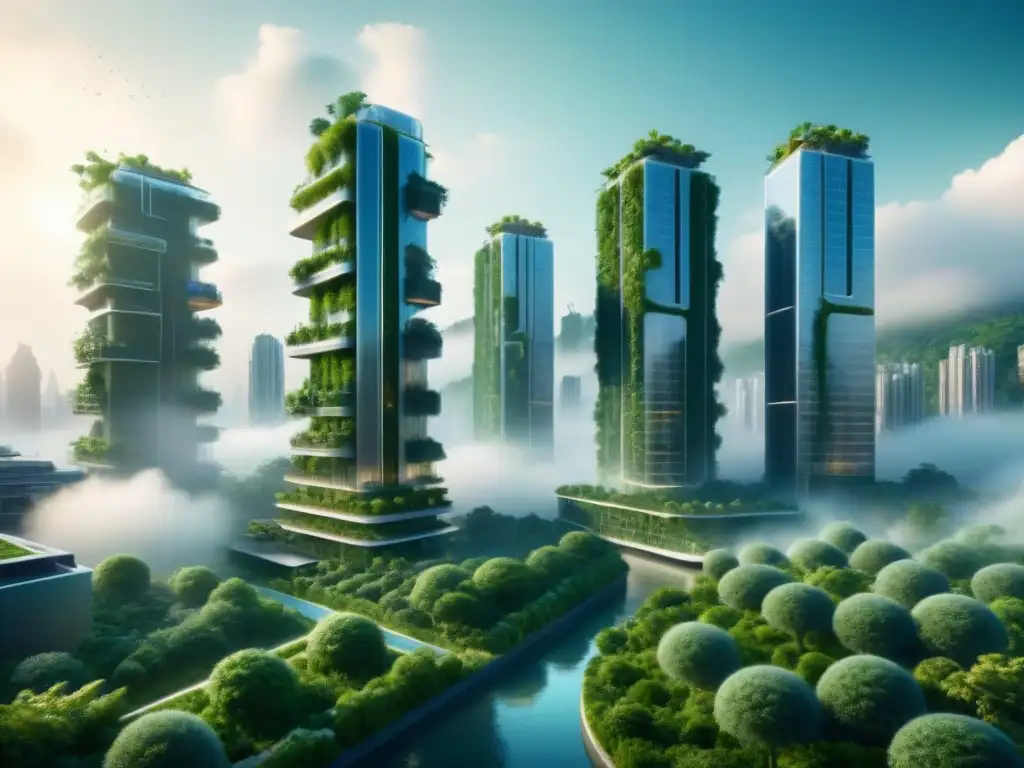 Una ciudad futurista con soluciones innovadoras de bioingeniería ambiental, integrando vegetación en su arquitectura