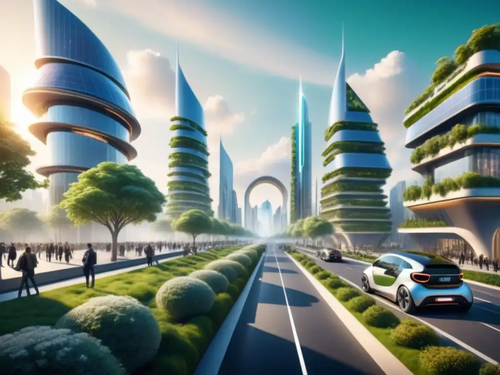 Una ciudad futurista sostenible con arquitectura verde y tecnología 5G integrada, reflejando una vida urbana eficiente y armoniosa