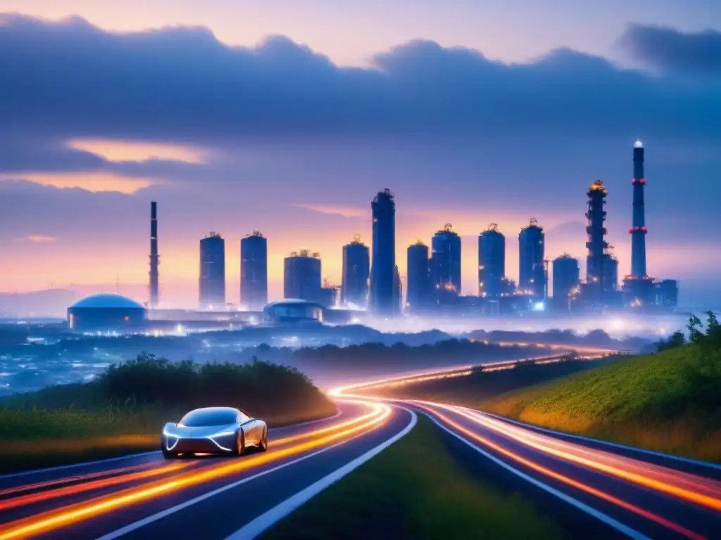 Una ciudad futurista sostenible con biorefinerías produciendo biocombustibles de tercera generación, autos eléctricos y naturaleza exuberante