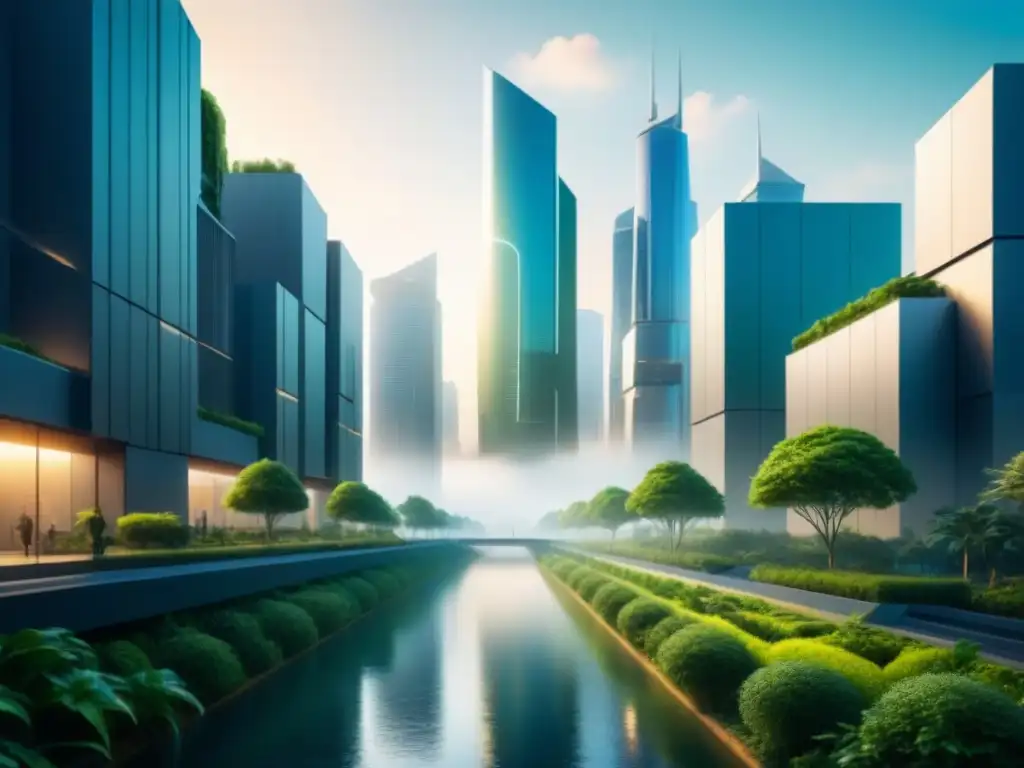 Una ciudad futurista sostenible con tecnologías de bioremediación avanzadas integradas en un ambiente urbano, armonizando naturaleza y tecnología