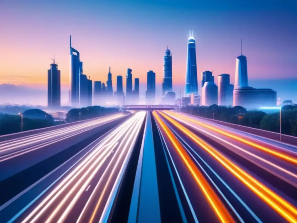 Una ciudad futurista al anochecer, con tecnologías emergentes en infraestructura inteligente