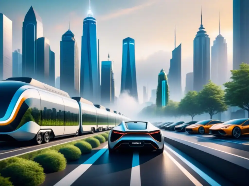 Una ciudad futurista con transporte sostenible: vehículos bioalimentados en armonía con la naturaleza y la tecnología