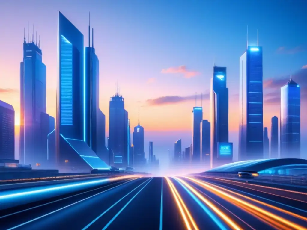 Una ciudad industrial futurista al atardecer con rascacielos y fábricas avanzadas, en tonos azules y metálicos