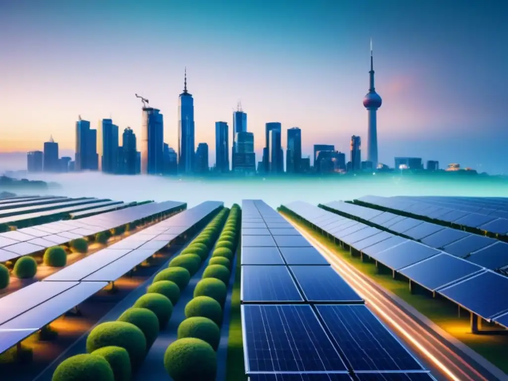 Horizonte urbano sostenible: tecnología verde en la ciudad moderna Una ciudad moderna al atardecer con tecnología verde, transmitiendo seguridad urbana sostenible