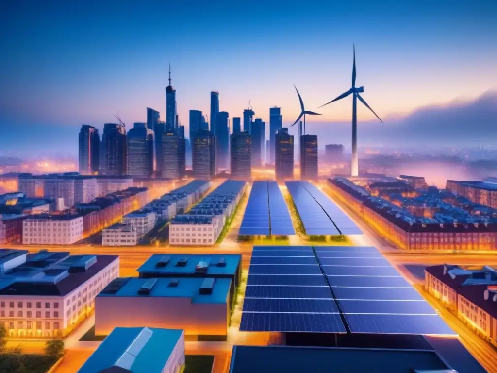 Metrópolis sostenible: tecnología verde en armonía urbana Una ciudad moderna y sostenible al atardecer, con tecnología verde integrada en su infraestructura urbana