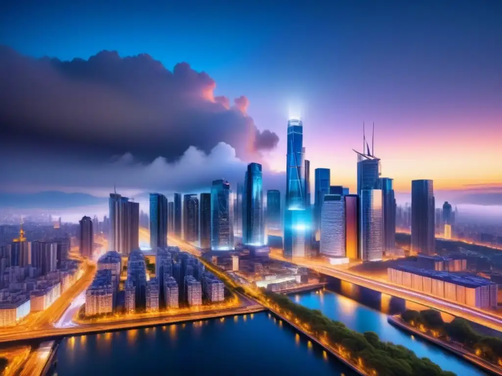 La ciudad brilla de noche con rascacielos iluminados y sensores fotónicos integrados, ejemplificando las smart cities