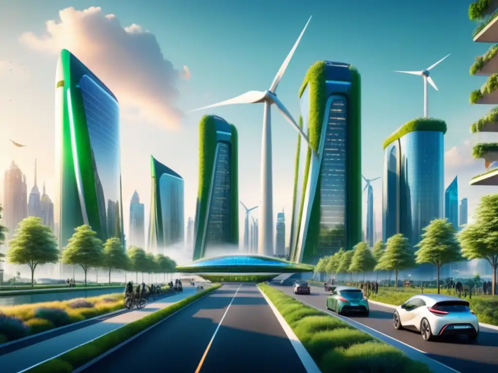 Ciudad futurista sostenible con edificios verdes, paneles solares y turbinas eólicas