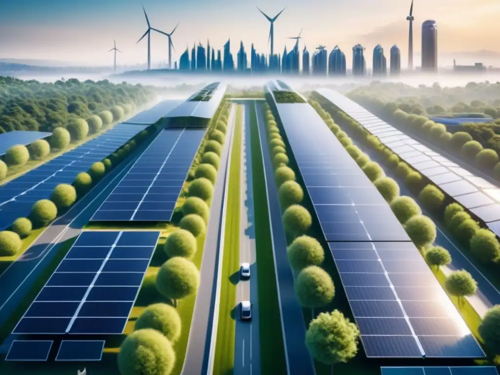 Visión futurista de ciudad sostenible con energías renovables integradas