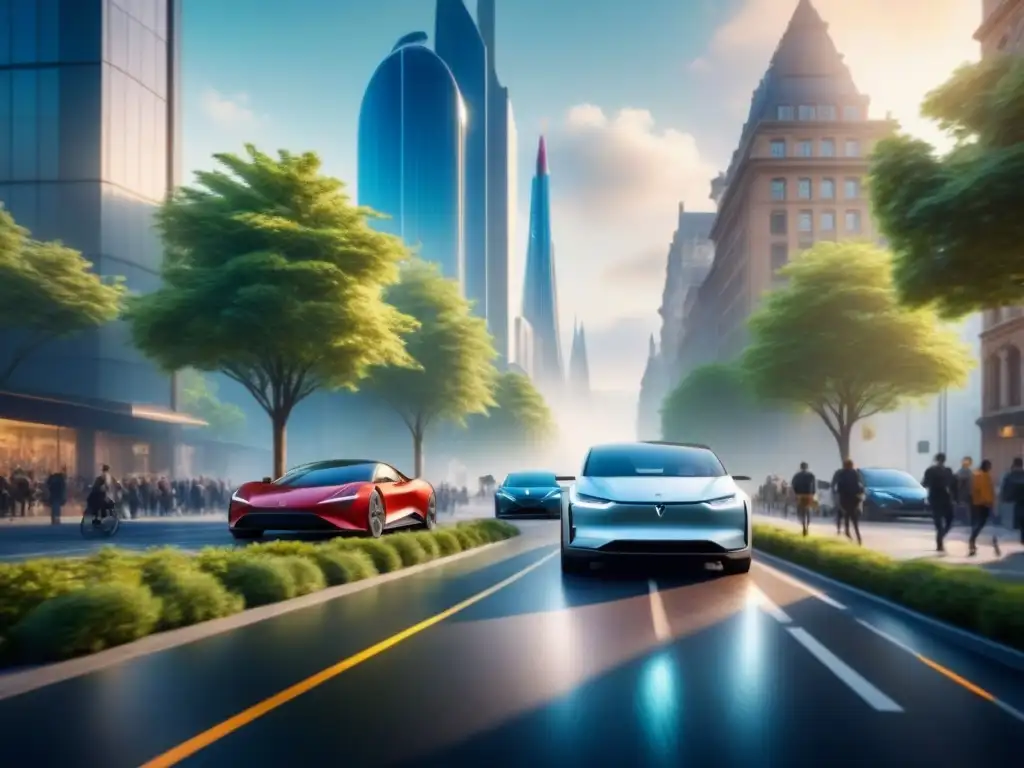 Una ciudad sostenible llena de vehículos eléctricos modernos y personas disfrutando de actividades ecofriendly