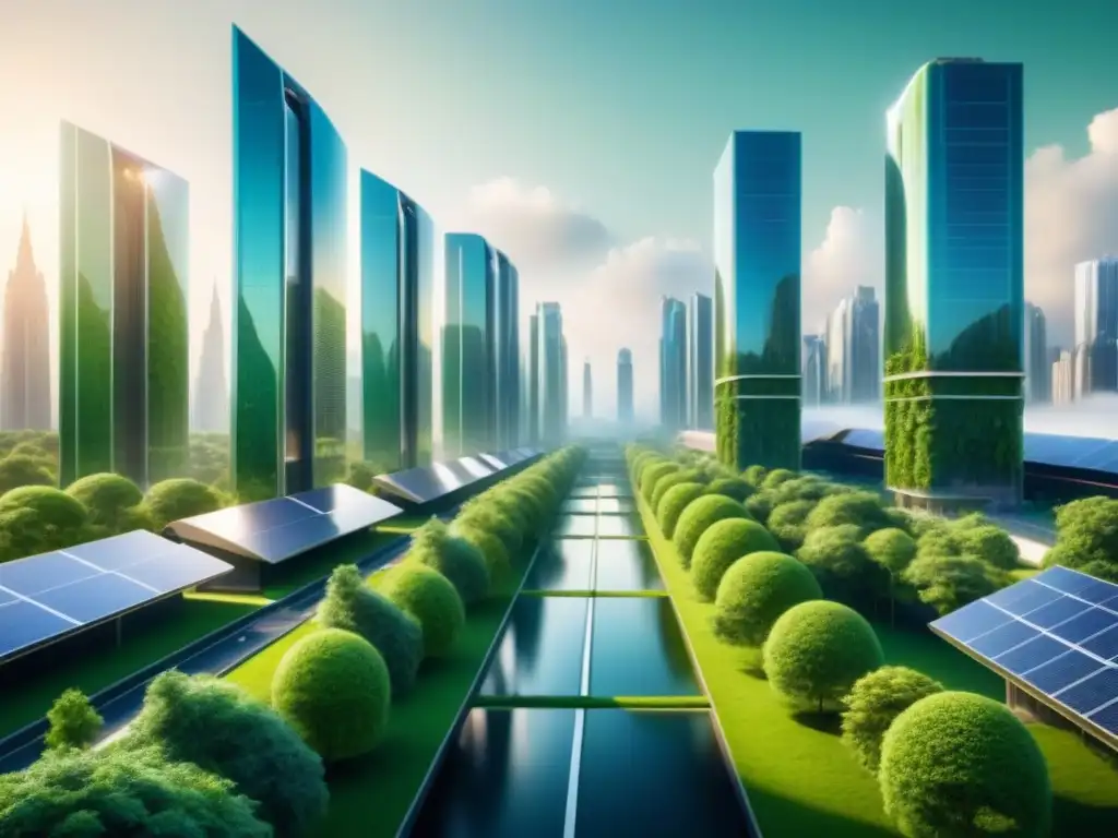 Una ciudad verde futurista con arquitectura sostenible y vegetación exuberante, reflejando el liderazgo en sostenibilidad empresarial