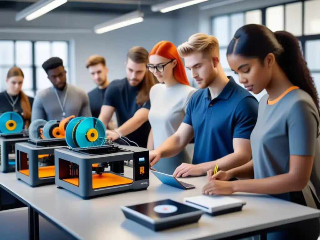 Clase de educación industrial con impresión 3D, estudiantes colaborativos en actividades prácticas