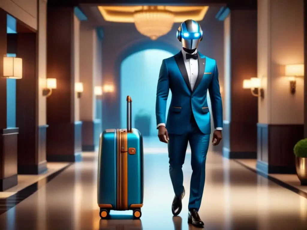 Un cobot elegante ayuda al conserje del hotel llevando equipaje para un huésped, con detalles metálicos intrincados y tecnología avanzada, perfecto para aplicaciones cobots en diferentes industrias