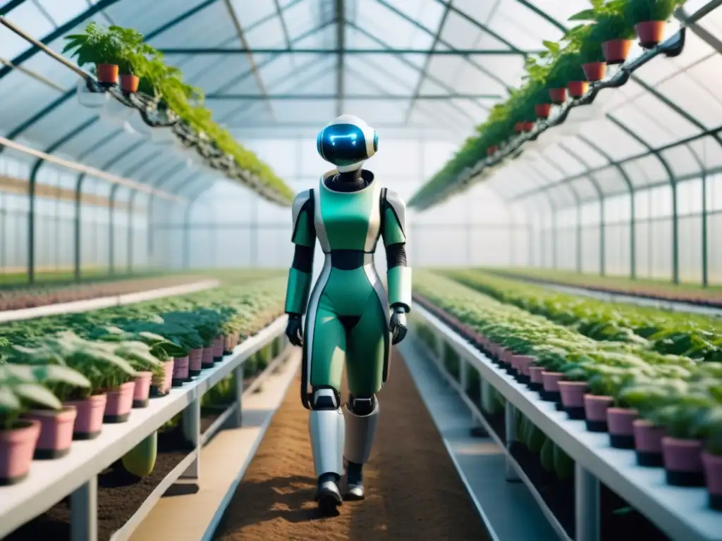 Un cobot futurista cuida plantas en invernadero avanzado