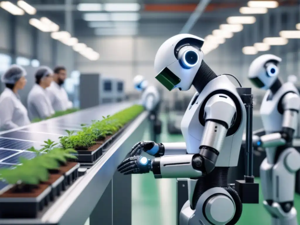 Cobots en industrias sostenibles: Planta avanzada con cobots futuristas trabajando junto a empleados en un ambiente ecoamigable