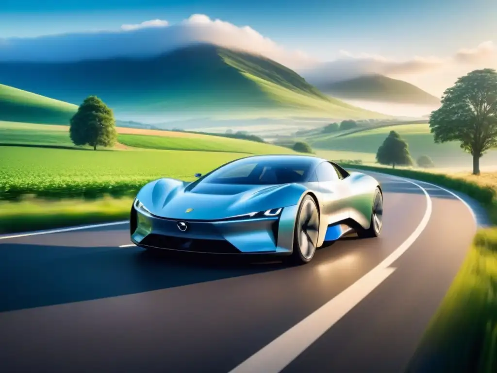 Coche eléctrico futurista en camino rodeado de campos verdes, bajo cielo azul