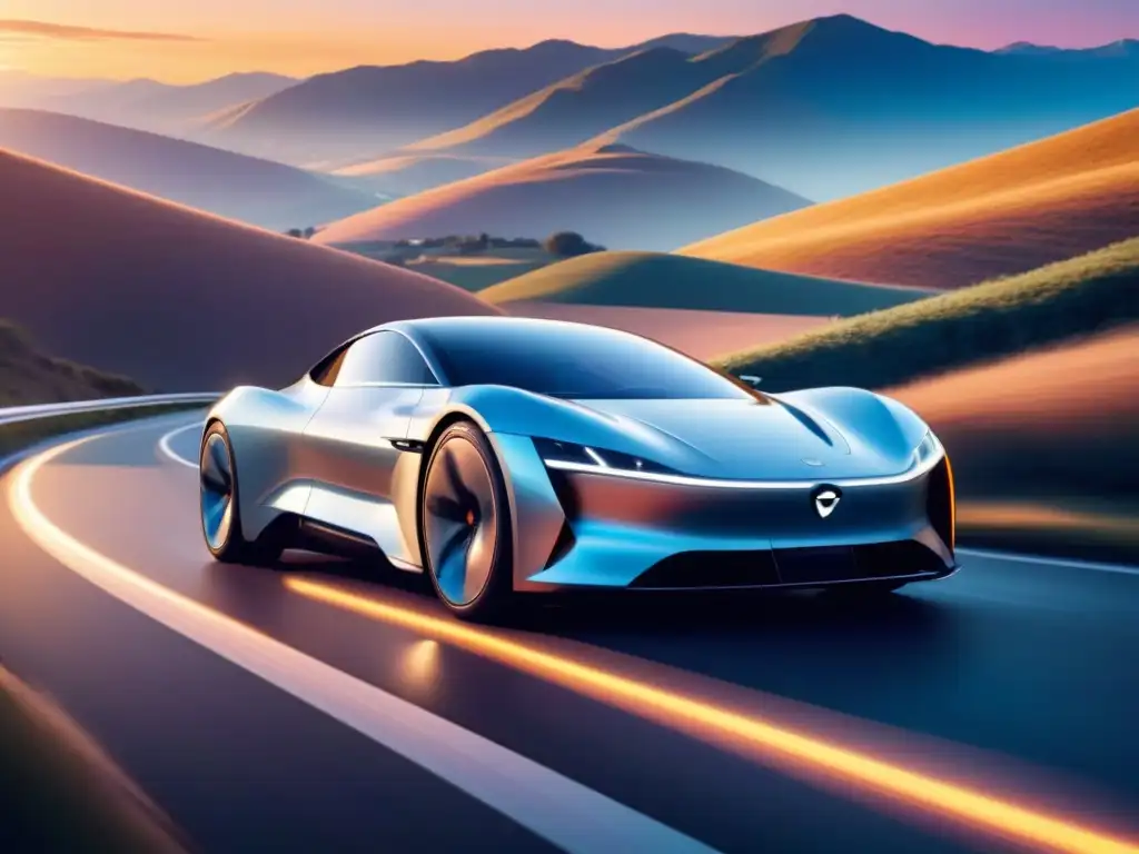 Un coche eléctrico futurista recorre una carretera al atardecer