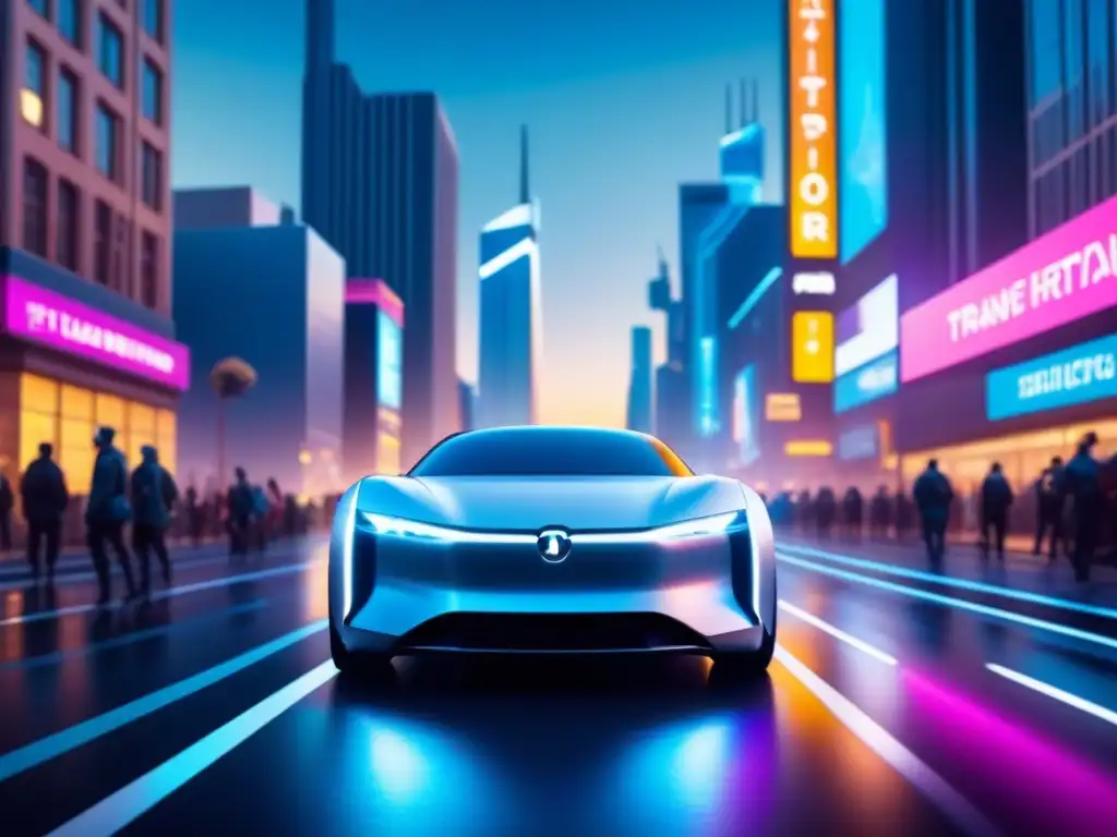 Un coche eléctrico futurista con conducción autónoma surcando una ciudad nocturna